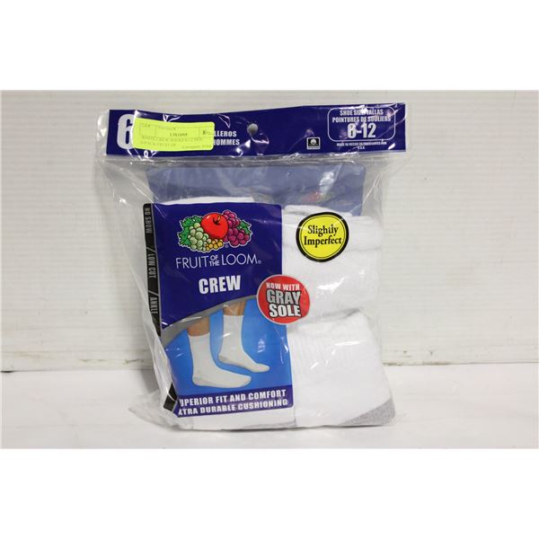 WHITE CREW SOCKS 6-12 SIZE 6-PACK FRUIT OF