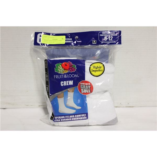 WHITE CREW SOCKS 6-12 SIZE 6-PACK FRUIT OF