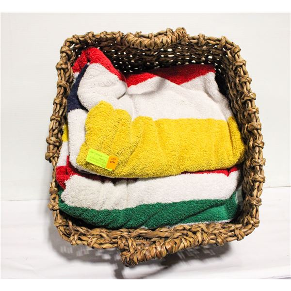 2 HUDSON BAY BEACH XLARGE TOWELS IN RATTAN BASKET
