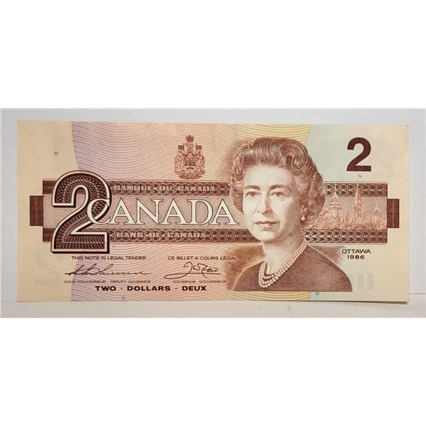 8)   CANADIAN 1986 $2.00 UNCIRCULATED BANKNOTE.