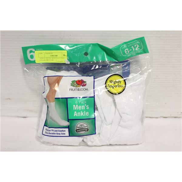 ANKLE SOCKS WHITE 6-12 SIZE 6-PACK FRUIT OF