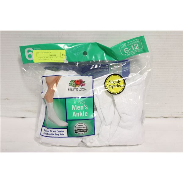 ANKLE SOCKS WHITE 6-12 SIZE 6-PACK FRUIT OF