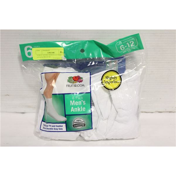 ANKLE SOCKS WHITE 6-12 SIZE 6-PACK FRUIT OF