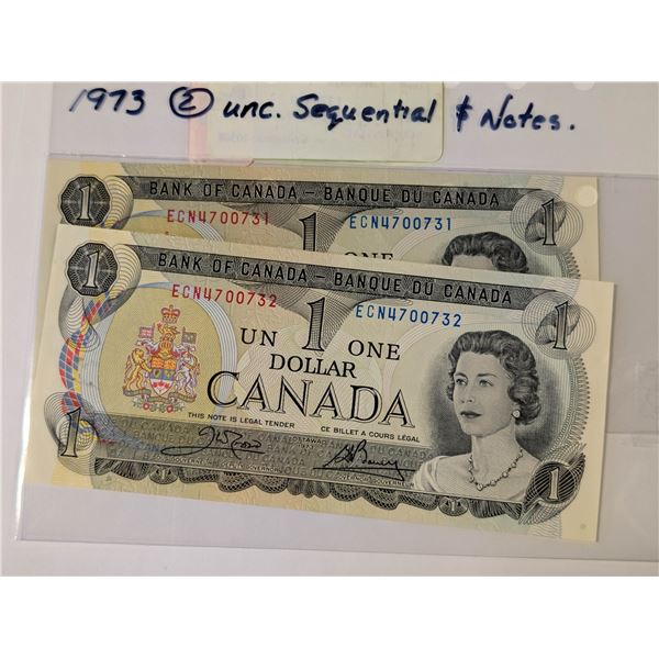 TWO 1973 CANADA $1 NOTES UNC SEQUENTIAL