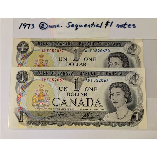 TWO 1973 CANADA $1 NOTES UNC SEQUENTIAL