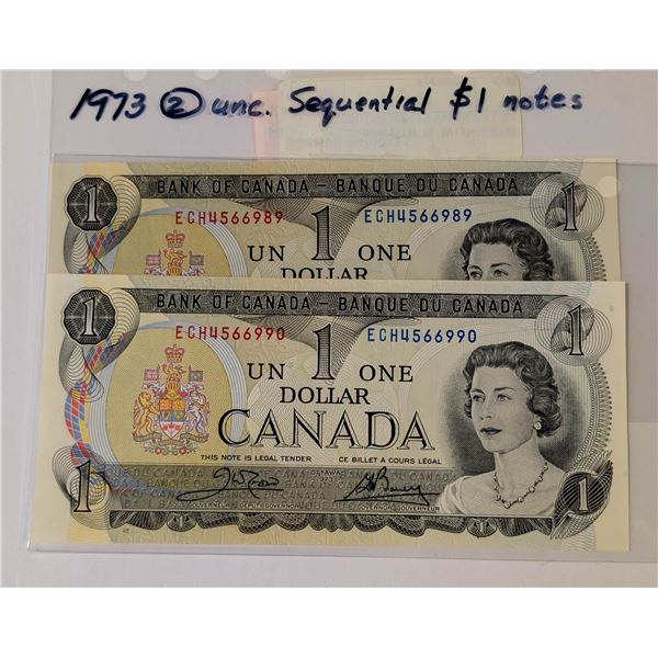 1973 CANADA $1 NOTES UNC SEQUENTIAL ECH4566989