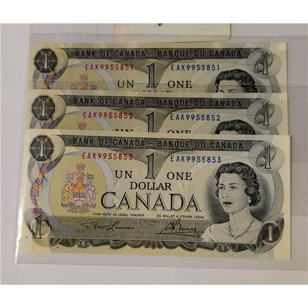 THREE 1973 CANADA $1 NOTES UNC SEQUENTIAL