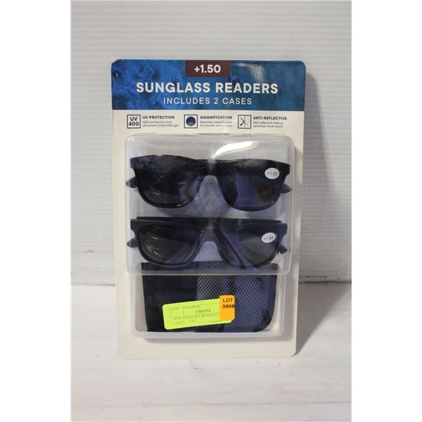 NEW SUNGLASS READERS 2PK W/ 2 CASES, +1.50