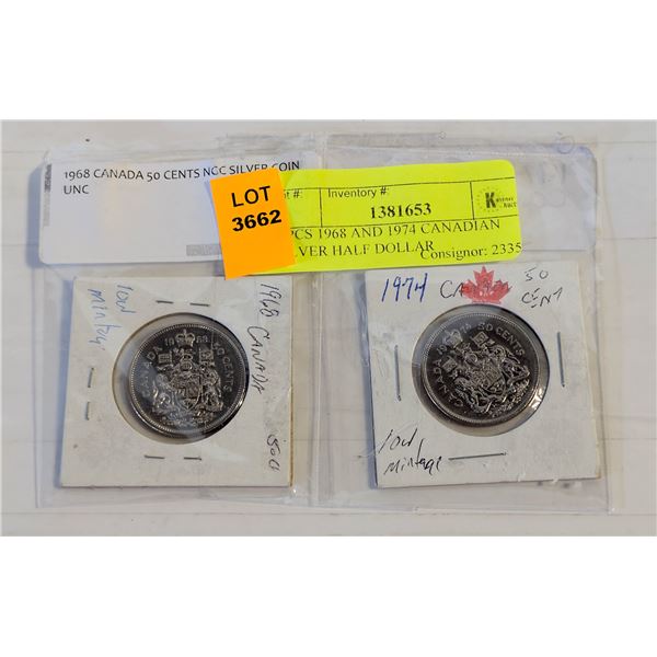 2 PCS 1968 AND 1974 CANADIAN SILVER HALF DOLLAR