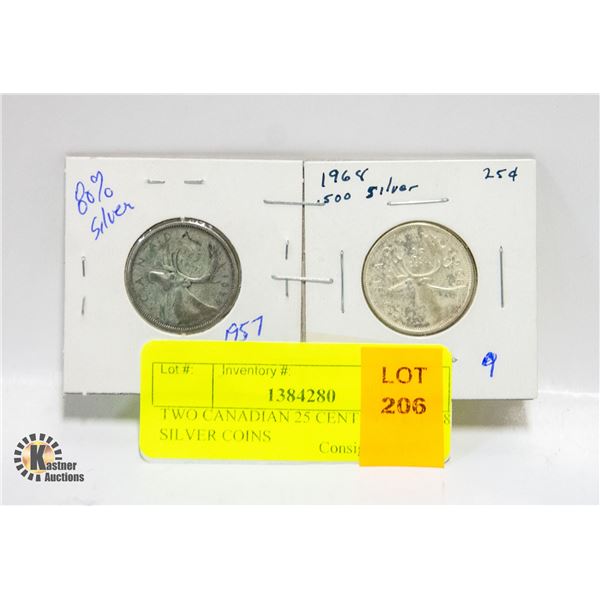 TWO CANADIAN 25 CENT 1957 & 1968 SILVER COINS