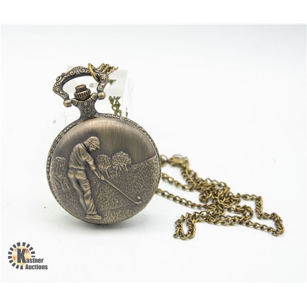 #2147-NEW POCKET WATCH BRONZE TONE WITH GOLFER