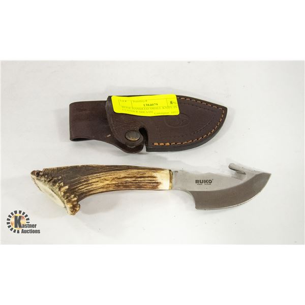 BONE HANDLED SMALL RUKO KNIFE IN LEATHER SHEATH