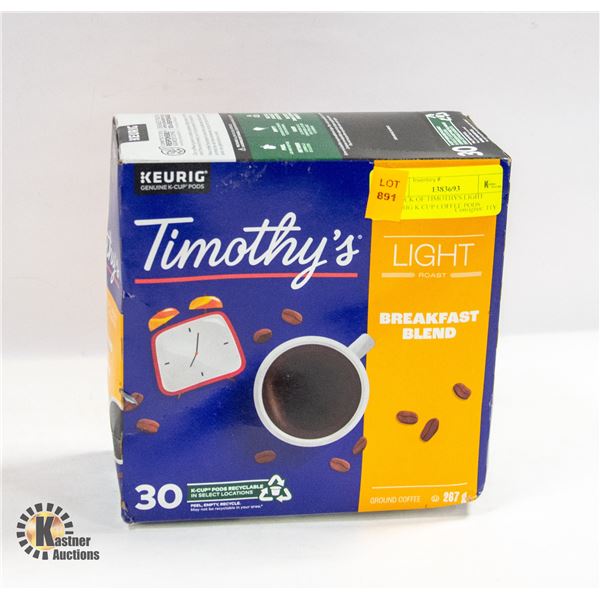 30 PACK OF TIMOTHYS LIGHT KEURIG K CUP COFFEE PODS