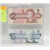 Image 1 : 1986 CANADIAN $2 & $5 BILLS- LOT OF 2 BILLS
