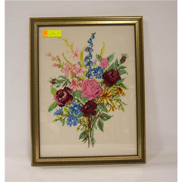VINTAGE FRAMED CROSS STITCH FLORAL- 23" X 17"