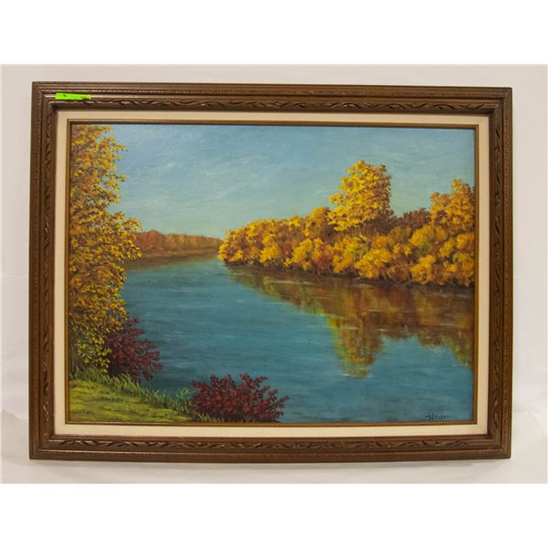 WOOD FRAMED OIL ON BOARD RIVER PICTURE