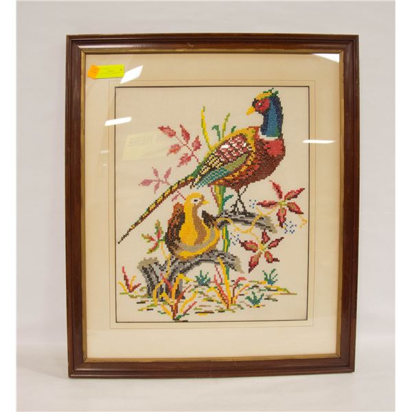 VINTAGE FRAMED CROSS STITCH PHEASANT- 28" X 23"