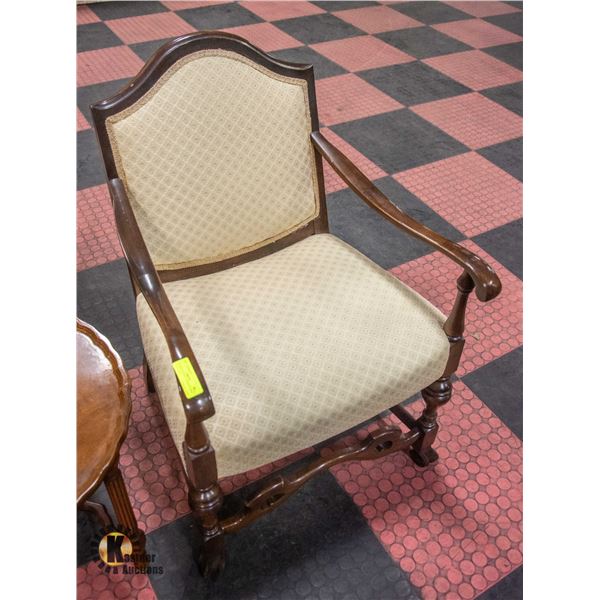 ANTIQUE WOODEN FRAMED ARM CHAIR BEIGE