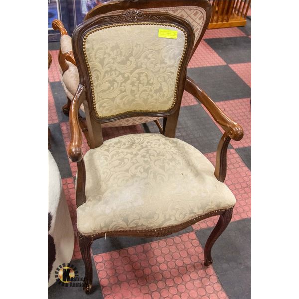 SOLID WOOD ARM CHAIR BEIGE UPHOLSTERY
