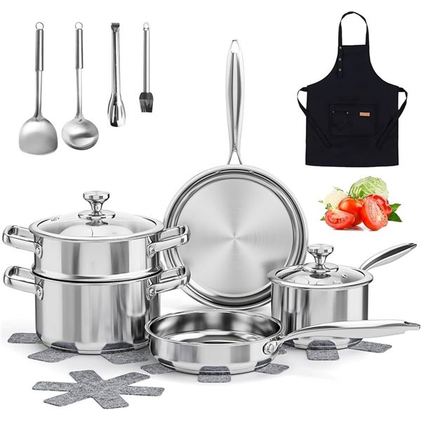 NEW 16 PC STAINLESS STEEL COOKWARE SET