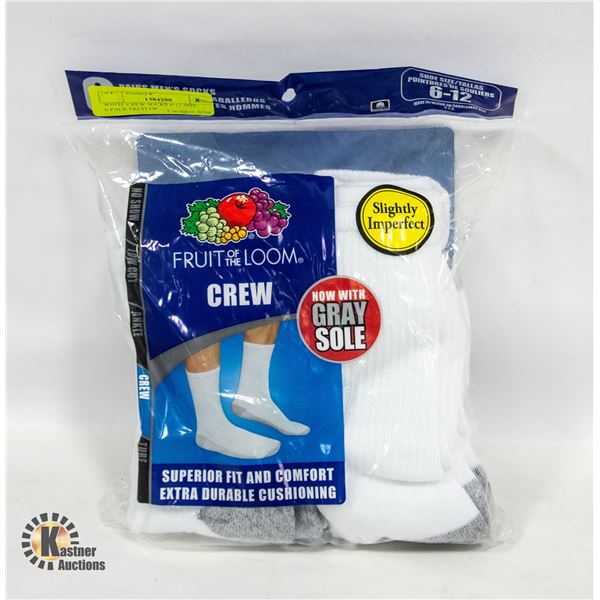 WHITE CREW SOCKS 6-12 SIZE 6-PACK FRUIT OF
