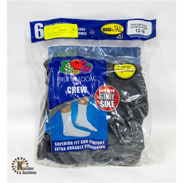 BLACK CREW SOCKS 12-16 SIZE 6-PACK FRUIT OF