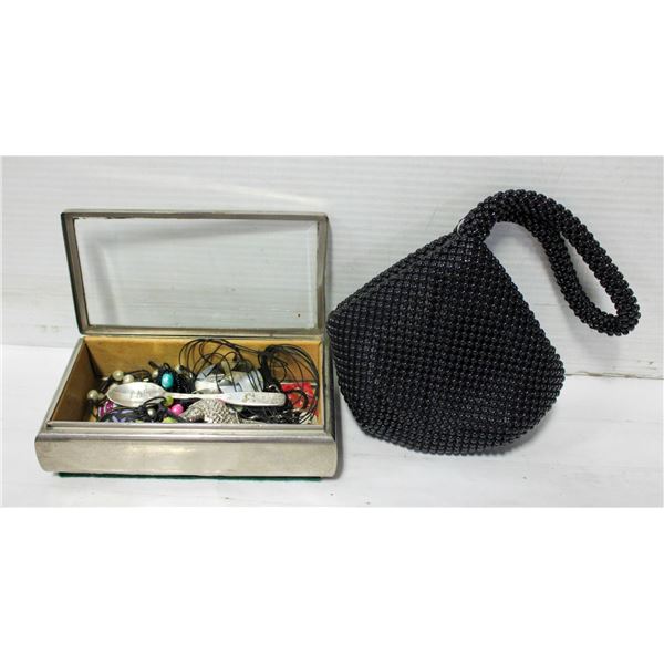 ESTATE HAND BEADED PURSE + JEWELRY BOX