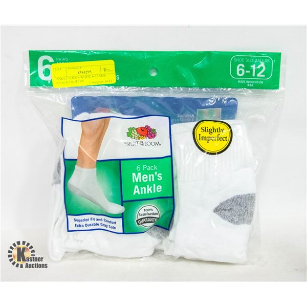 ANKLE SOCKS WHITE 6-12 SIZE 6-PACK FRUIT OF