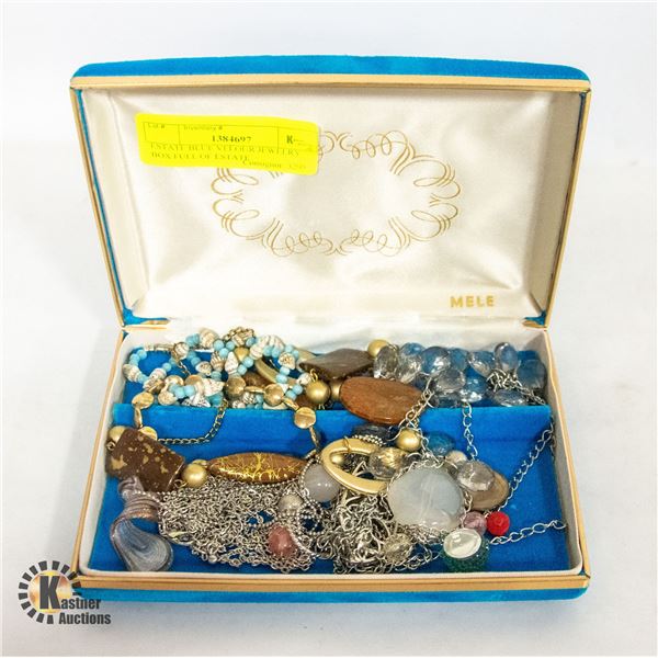 ESTATE BLUE VELOUR JEWELRY BOX FULL OF ESTATE