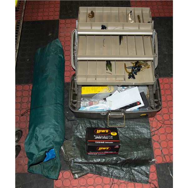BUNDLE OF TARPS, FISHING LURES IN TOOLBOX +