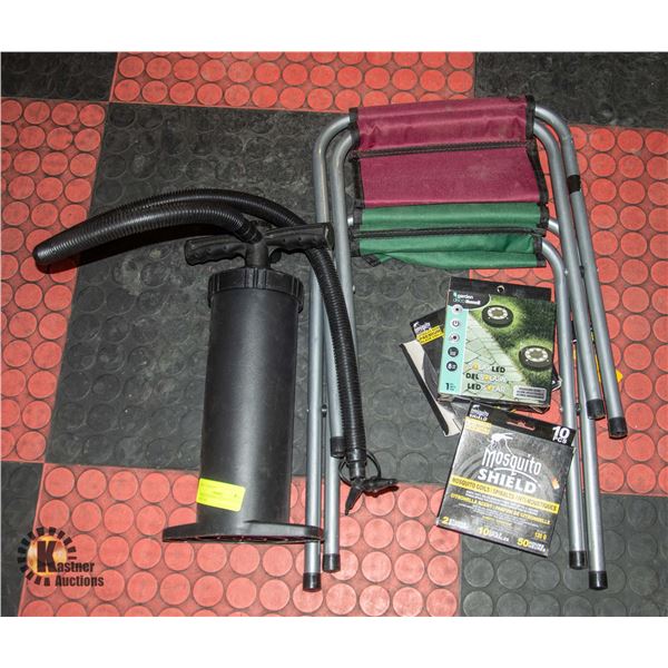 2 SMALL FOLDING STOOLS, BICYCLE AIR PUMP,