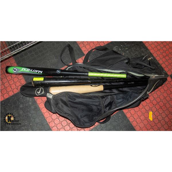 3 BASEBALL BATS + 6 BASEBALLS IN A BLACK