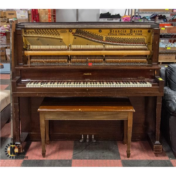 VINTAGE FRANCIS BACON PIANO WITH BENCH 51.5" X