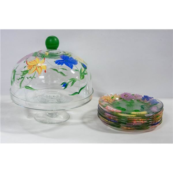 FLORAL GLASS CAKE PLATE & 8 PLATE