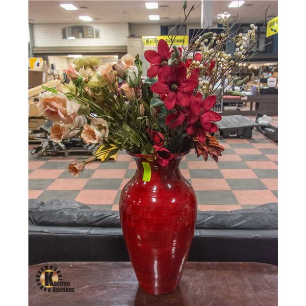 LARGE RED VASE WITH ARTIFICIAL FLOWERS