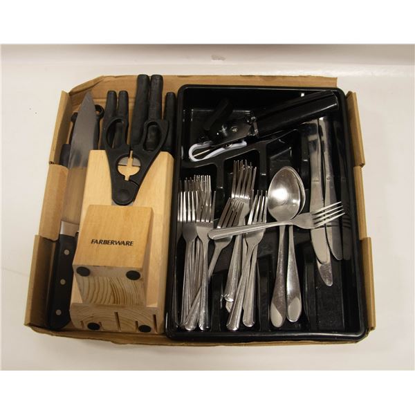 FLAT OF KITCHENWARE PLUS KNIVES