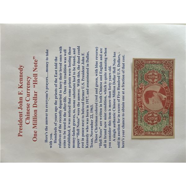 John F. Kennedy Authentic Chinese Hell Note