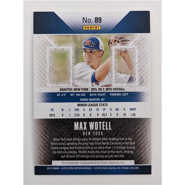 Max Wotell Signed Baseball Trading Card - Panini Elite Extra Edition #89 2015