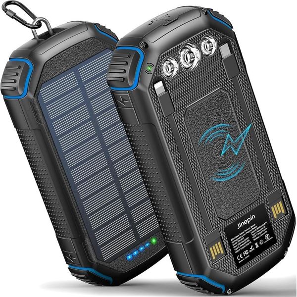 Solar Power Bank 36000mAh,Solar Charger Wireless Built in 3 Cables IPX5 Waterproof Portable Solar Ex
