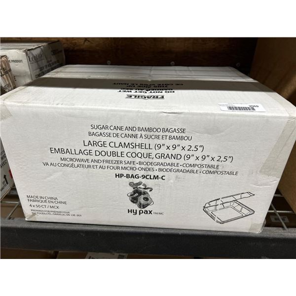 Hy Pax Large Clamshell Sugarcane Containers 9” x 9” x 2.5”. Case of 200