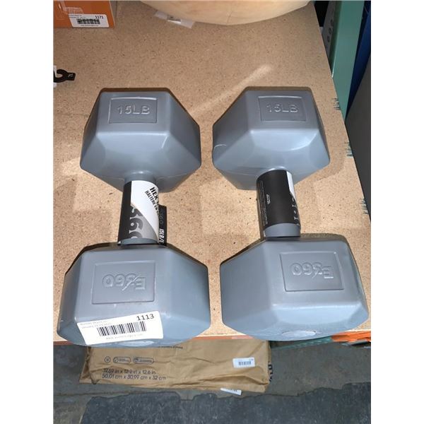 Set of 2 E60 15 lb Dumbbells Gray Hex Dumbbells