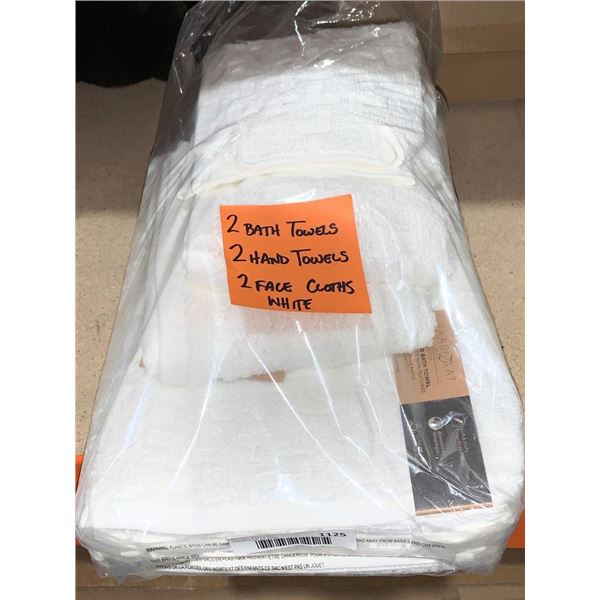 Set of White Towels: Bath, Hand, and Face Cloths includes two bath towels, two hand towels, and two 