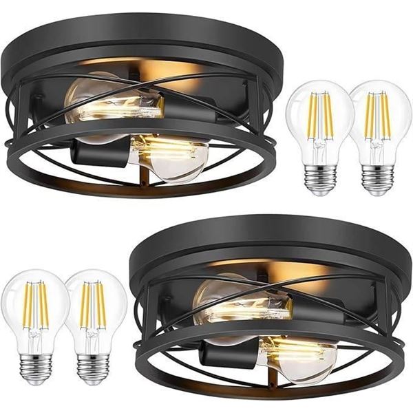 Farmhouse 2-Light Black Flush Mount Ceiling Light Fixtures, Industrial Vintage Metal Cage Closed to 