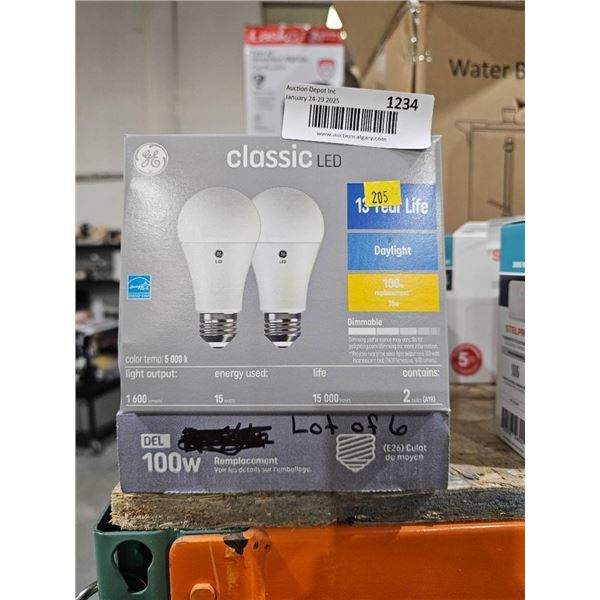 Lot of 6 – 2 packs, GE Classic LED Daylight Light Bulbs 100W Equivalent)