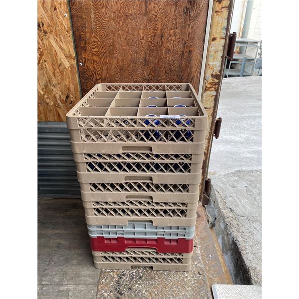 Lot of Stacking Commercial Dishwasher Racks with selection of coffee mugs