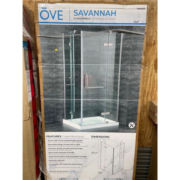 Ove Savannah Tempered Glass Shower Panels Shower base is not included. Dimensions: 187.7 cm H x 72.5