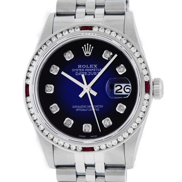Rolex Mens SS 36MM Blue Vignette Diamond And Ruby Channel Set Diamond Datejust