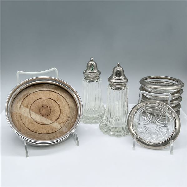 9pc Silver Leonard Coasters, Salt Shakers, and O.N.C Tray