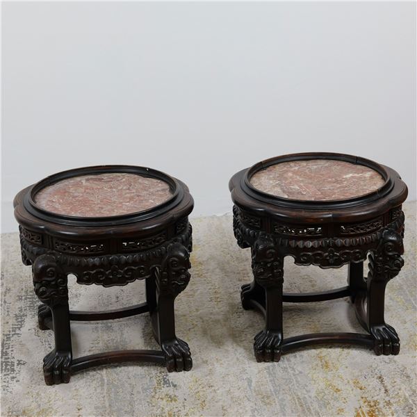 2pc Chinese Carved Wood and Marble Side Tables