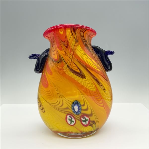 Yellow Swirl Patterned Art Glass Vase with Blue Handles